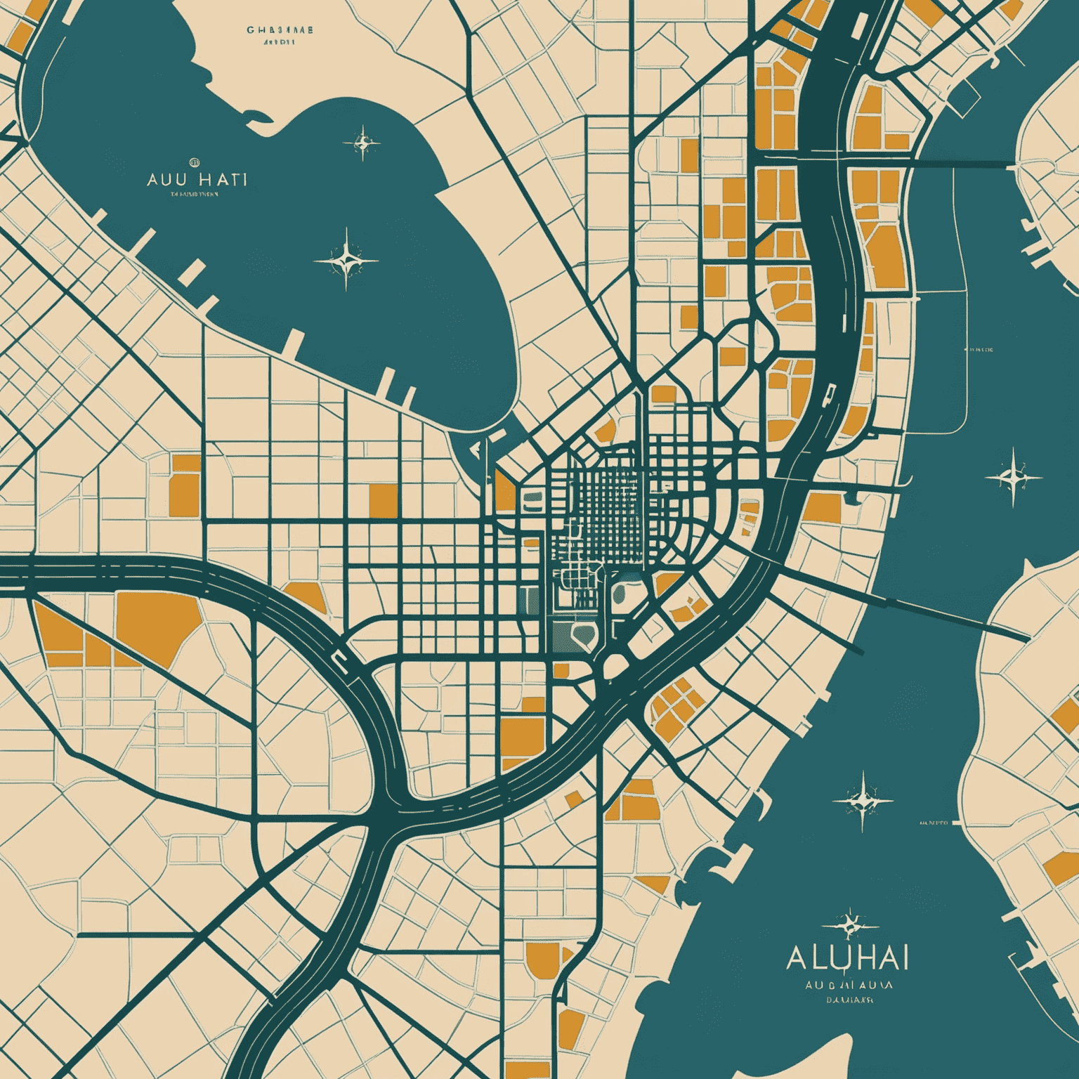 A stylized map of Abu Dhabi with bus routes highlighted in teal and ochre, overlaid with geometric patterns inspired by traditional Arabic motifs