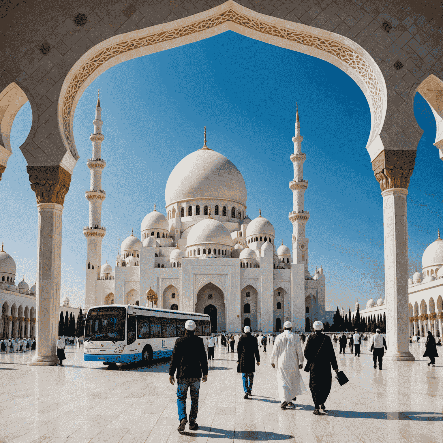 A bus stopping in front of the majestic Sheikh Zayed Mosque, its white domes and minarets gleaming against a clear blue sky. Tourists with cameras are seen disembarking.