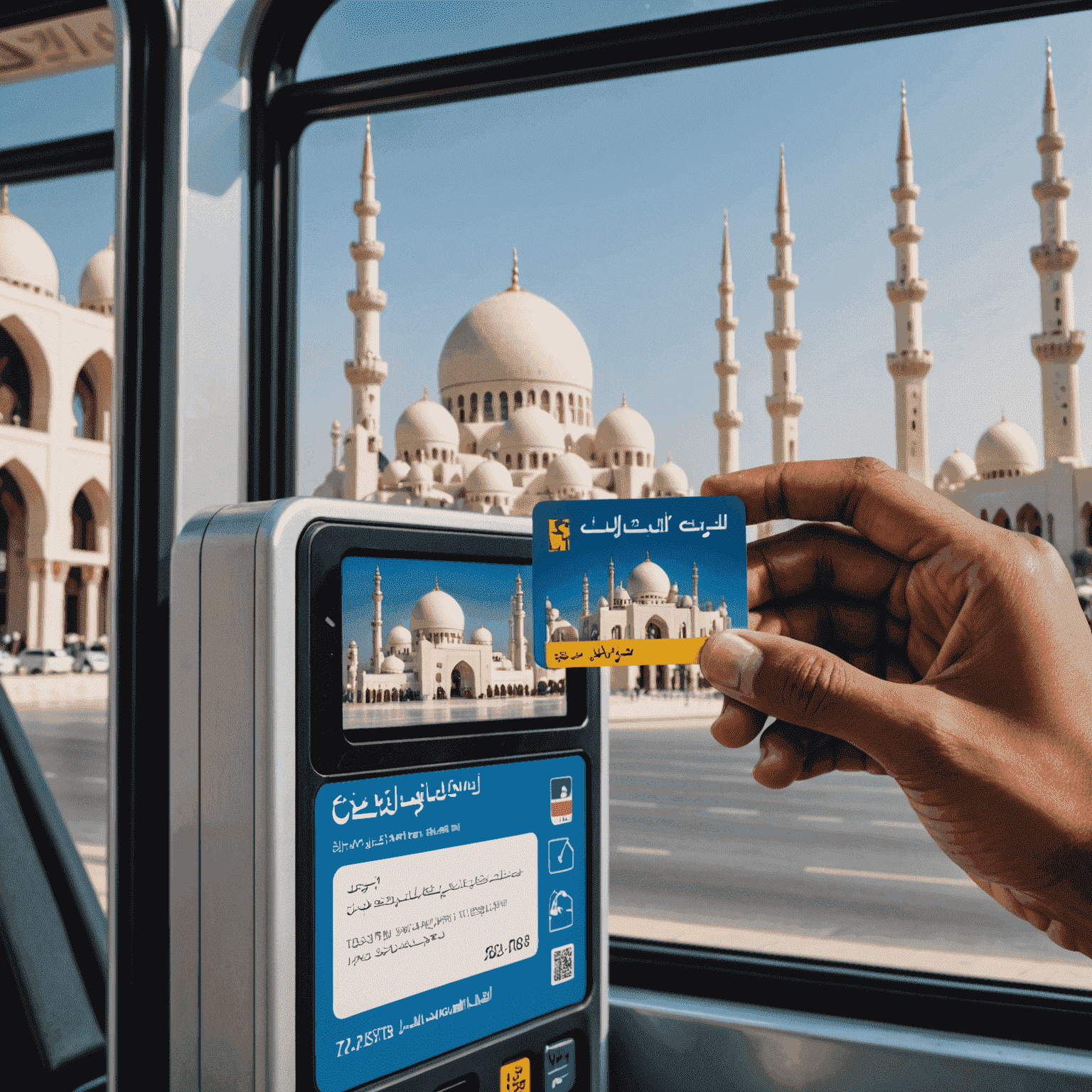 A Hafilat smart card being tapped on a bus card reader in Abu Dhabi, with the iconic Sheikh Zayed Mosque visible through the bus window