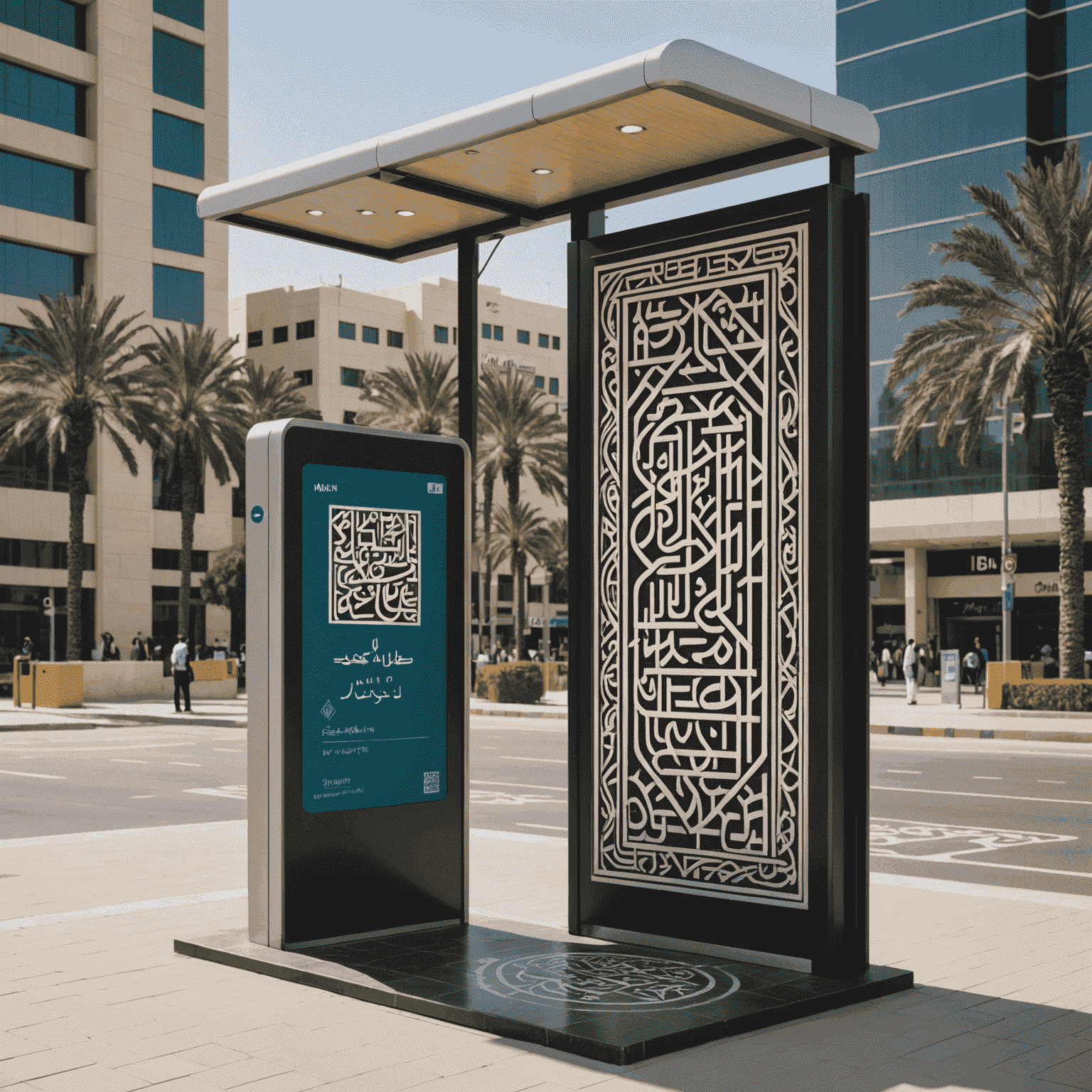 An artistic representation of an Abu Dhabi bus stop with Arabic calligraphy and geometric patterns, showcasing a smart travel card and a bus schedule