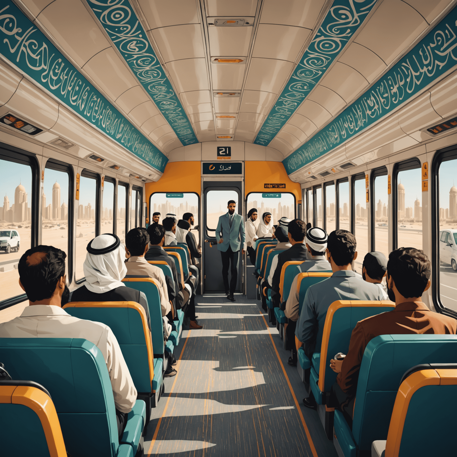A stylized illustration of an Abu Dhabi bus interior, showcasing passengers following proper etiquette, with geometric Arabic patterns in the background