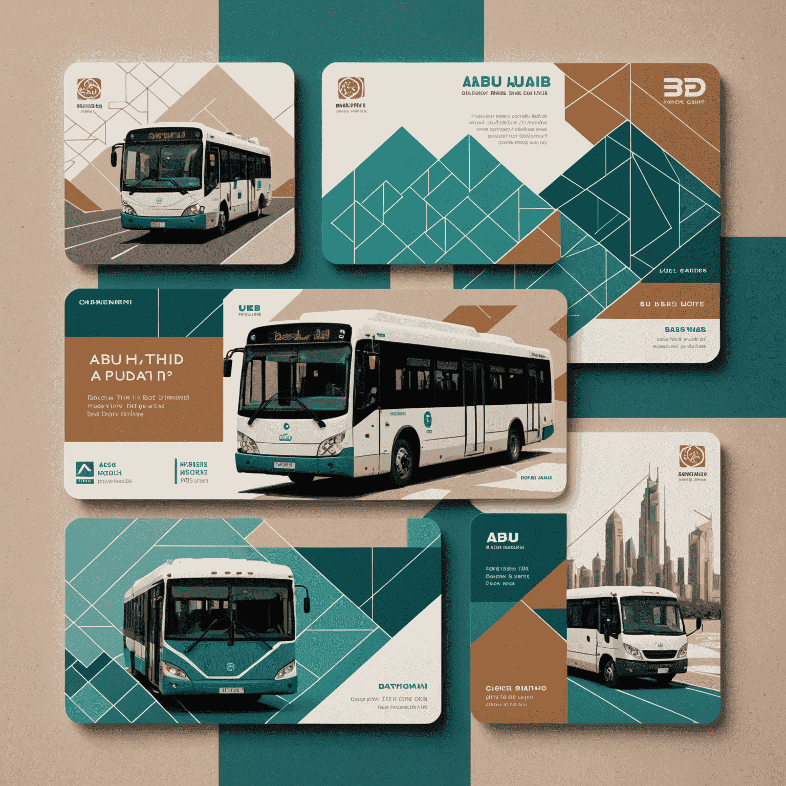 A collage of Abu Dhabi bus cards, featuring close-ups of the smart chip and abstract geometric patterns in muted earth tones with teal accents