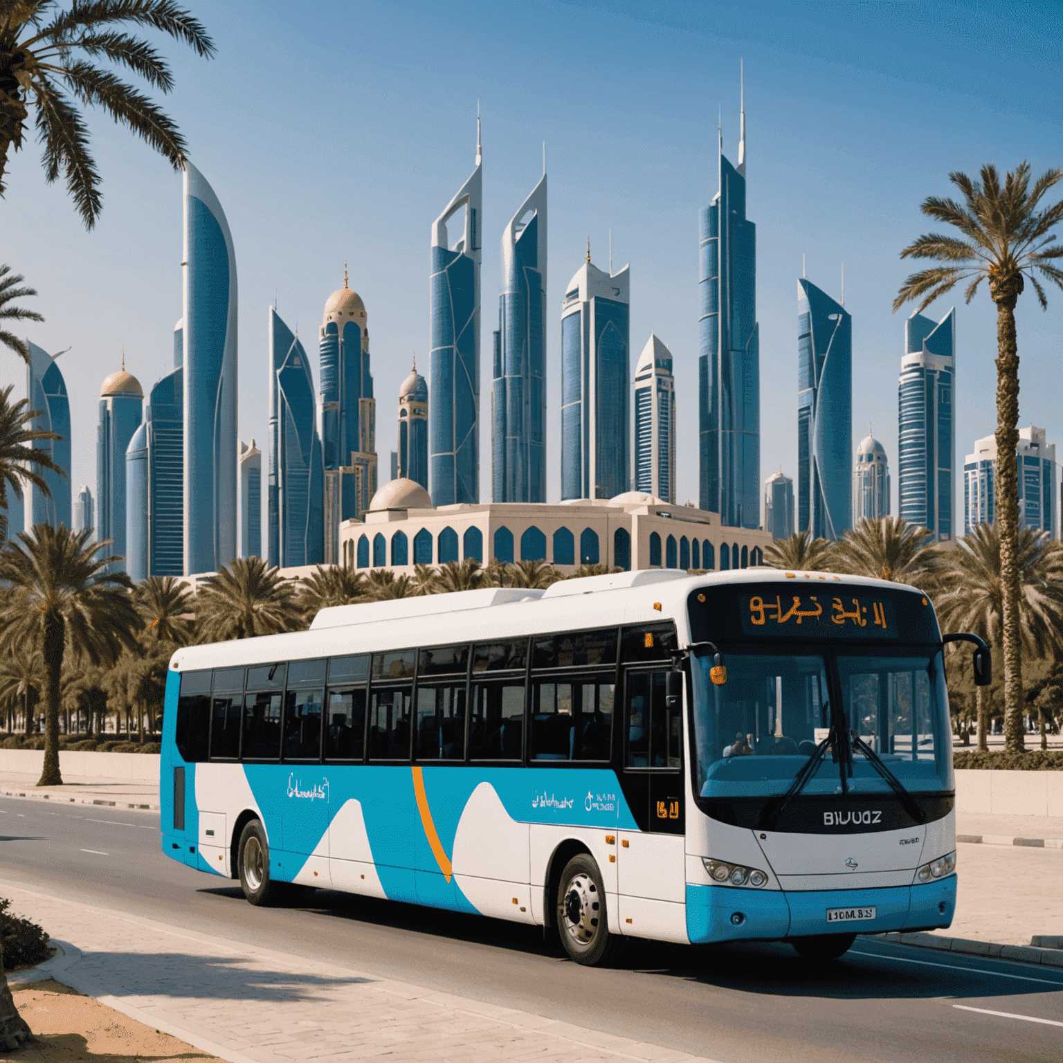 Scenic view of Abu Dhabi skyline with a modern bus in the foreground, showcasing top tourist routes including Sheikh Zayed Mosque and Corniche Beach