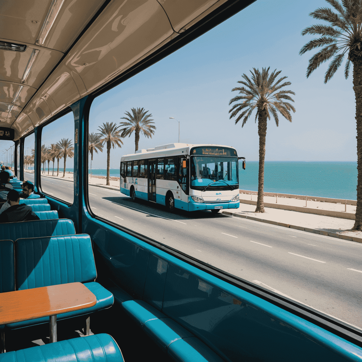 A bus driving along the Corniche with palm trees and the blue waters of the Arabian Gulf visible. Passengers are seen admiring the view through large windows.