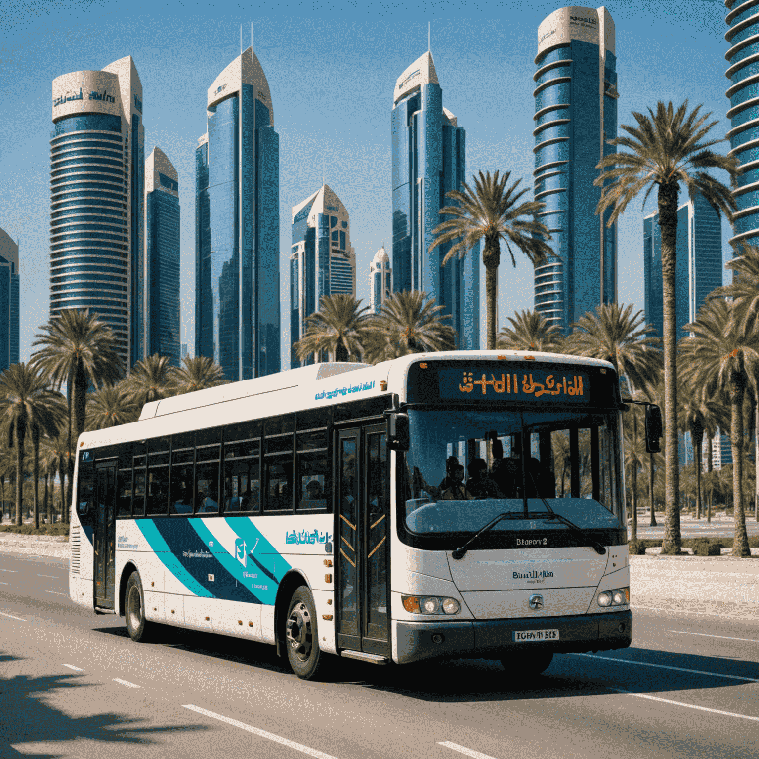 A modern Abu Dhabi city bus driving past palm trees and skyscrapers, with passengers visible through the windows using their Hafilat cards