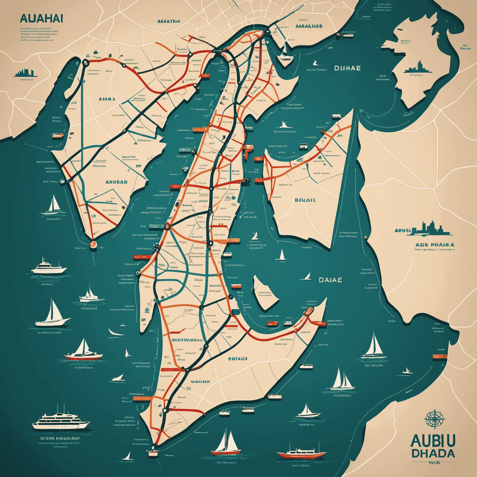 A stylized map of Abu Dhabi's bus routes with Arabic-inspired design elements, showing color-coded lines and major landmarks