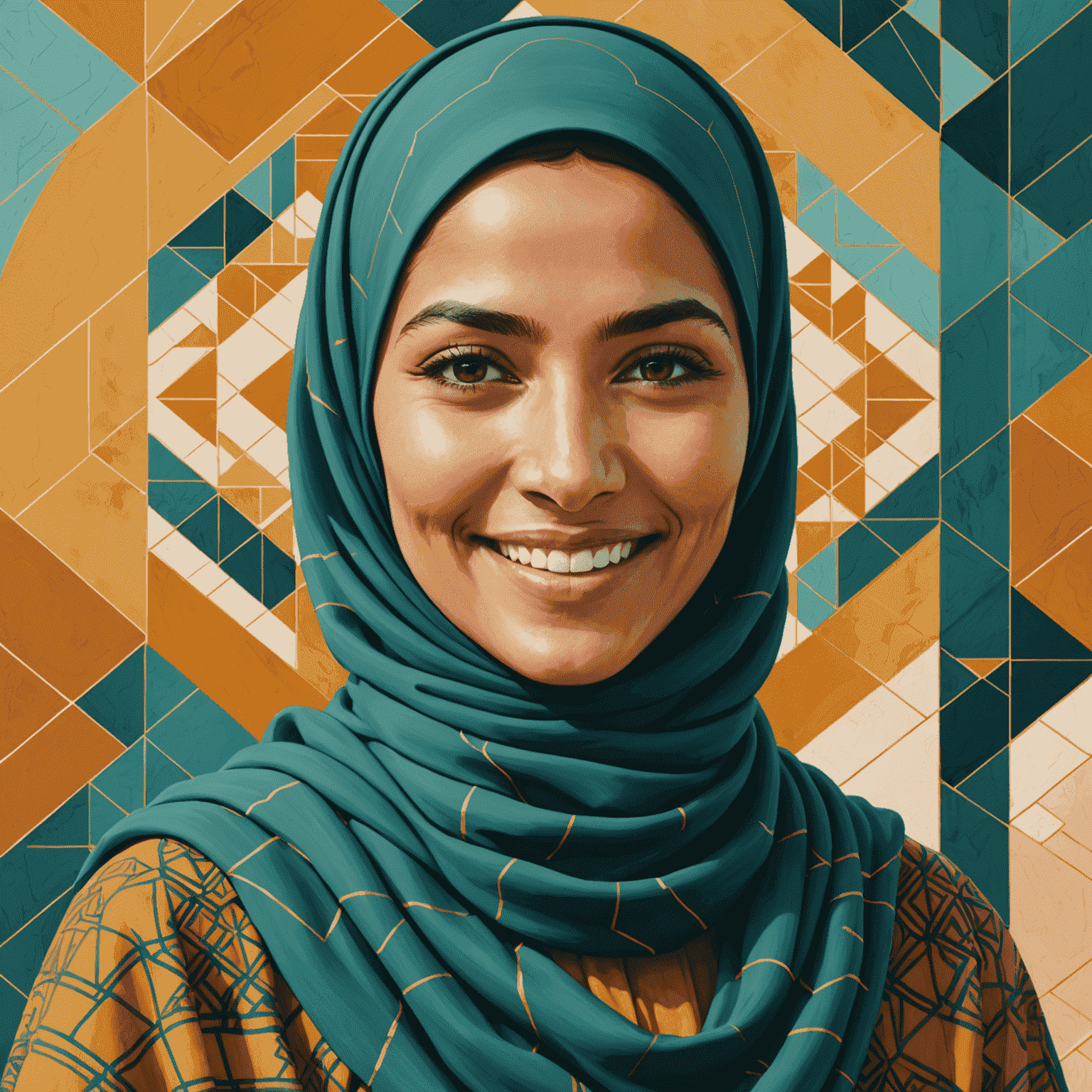 Portrait of Fatima, a woman in her 30s wearing a hijab, smiling warmly against a background of geometric patterns in ochre and teal