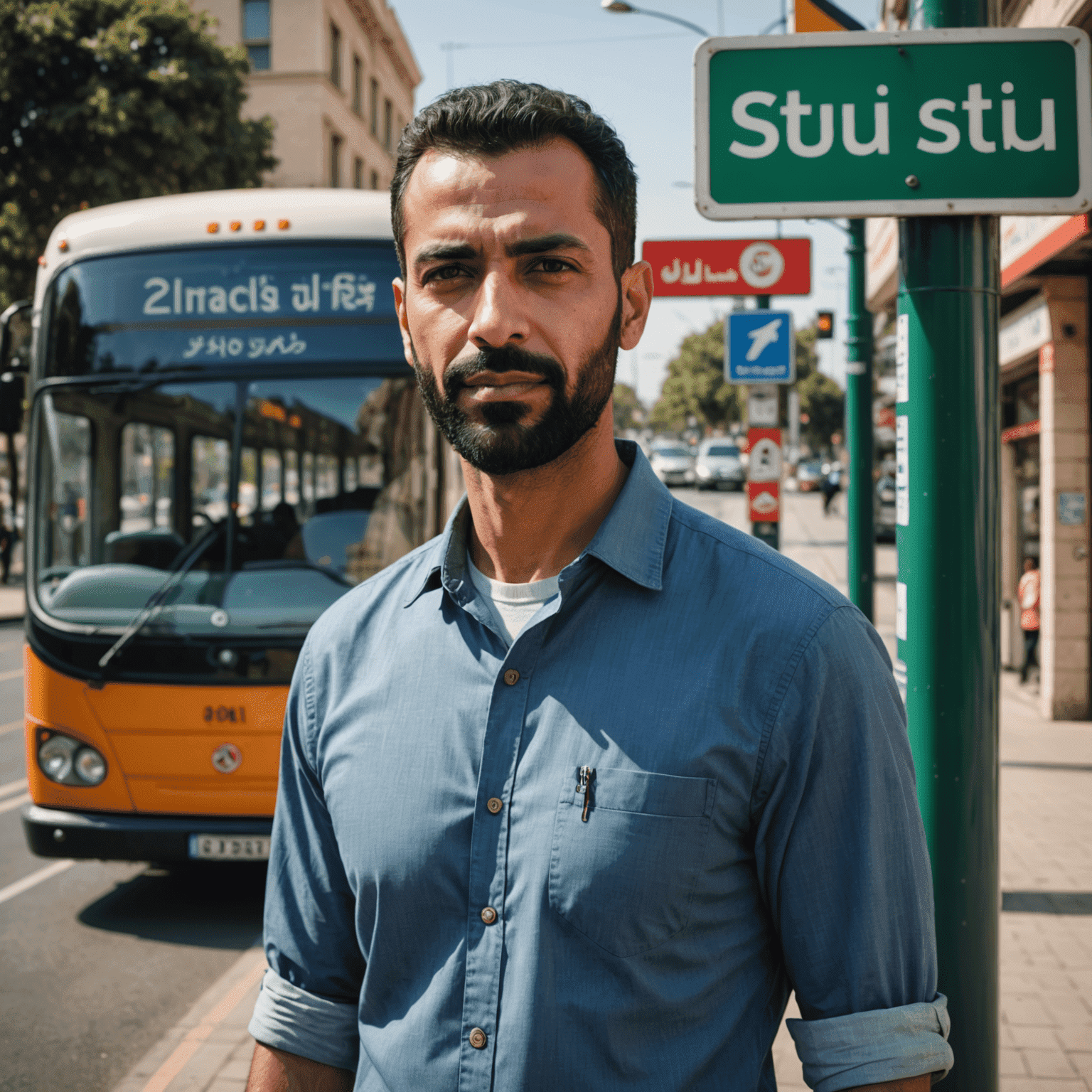 Portrait of Ahmed, a man in his 40s with a short beard, wearing a casual shirt, standing in front of a stylized bus stop with Arabic and English signage
