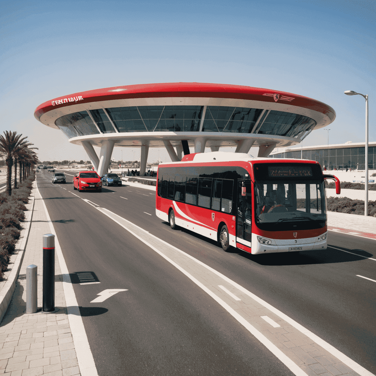 A bus approaching Yas Island, with the distinctive red roof of Ferrari World visible in the background. Excited tourists are seen at the bus stop.