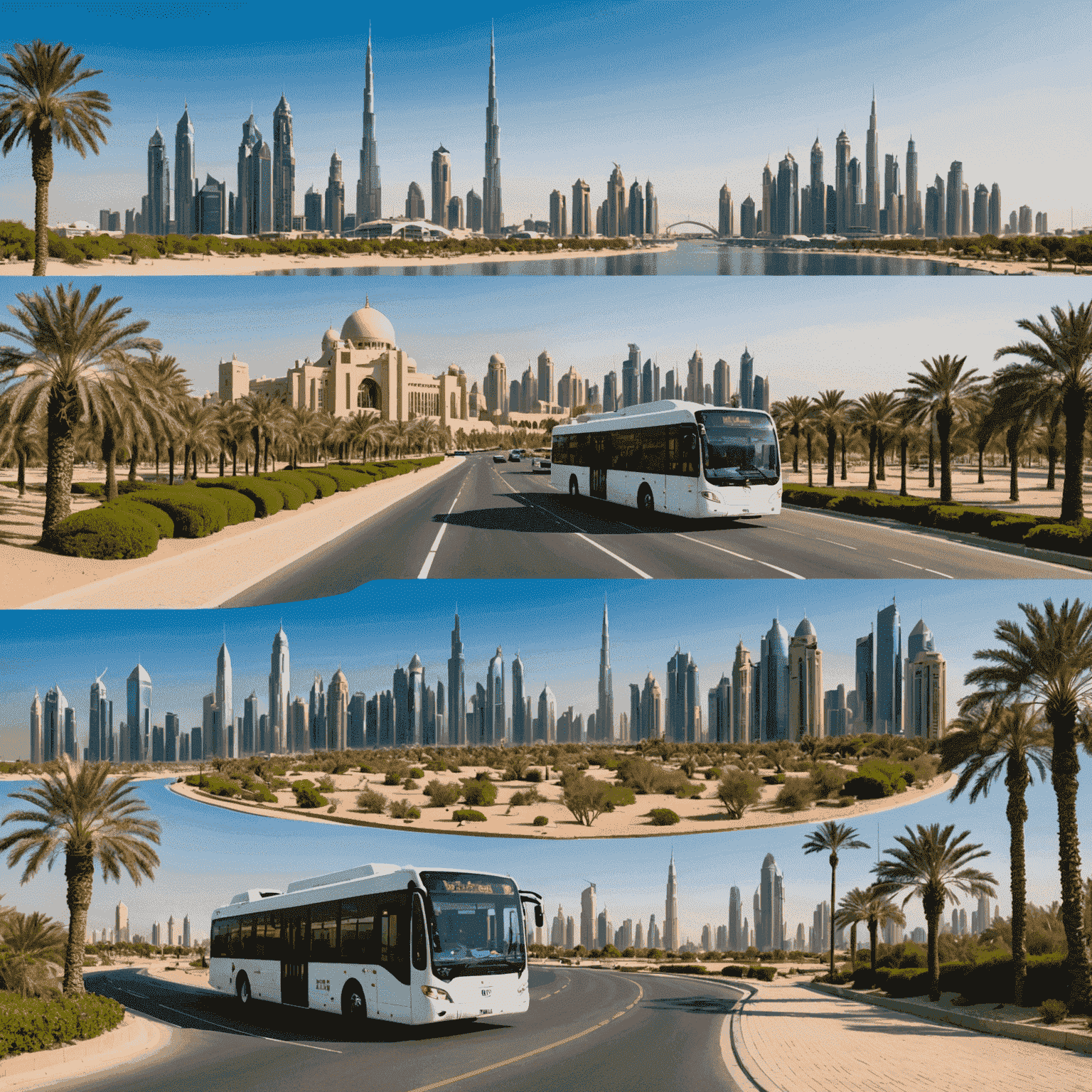Montage of popular UAE destinations accessible by bus from Abu Dhabi, featuring Dubai skyline, Al Ain oasis, and Sharjah cultural district