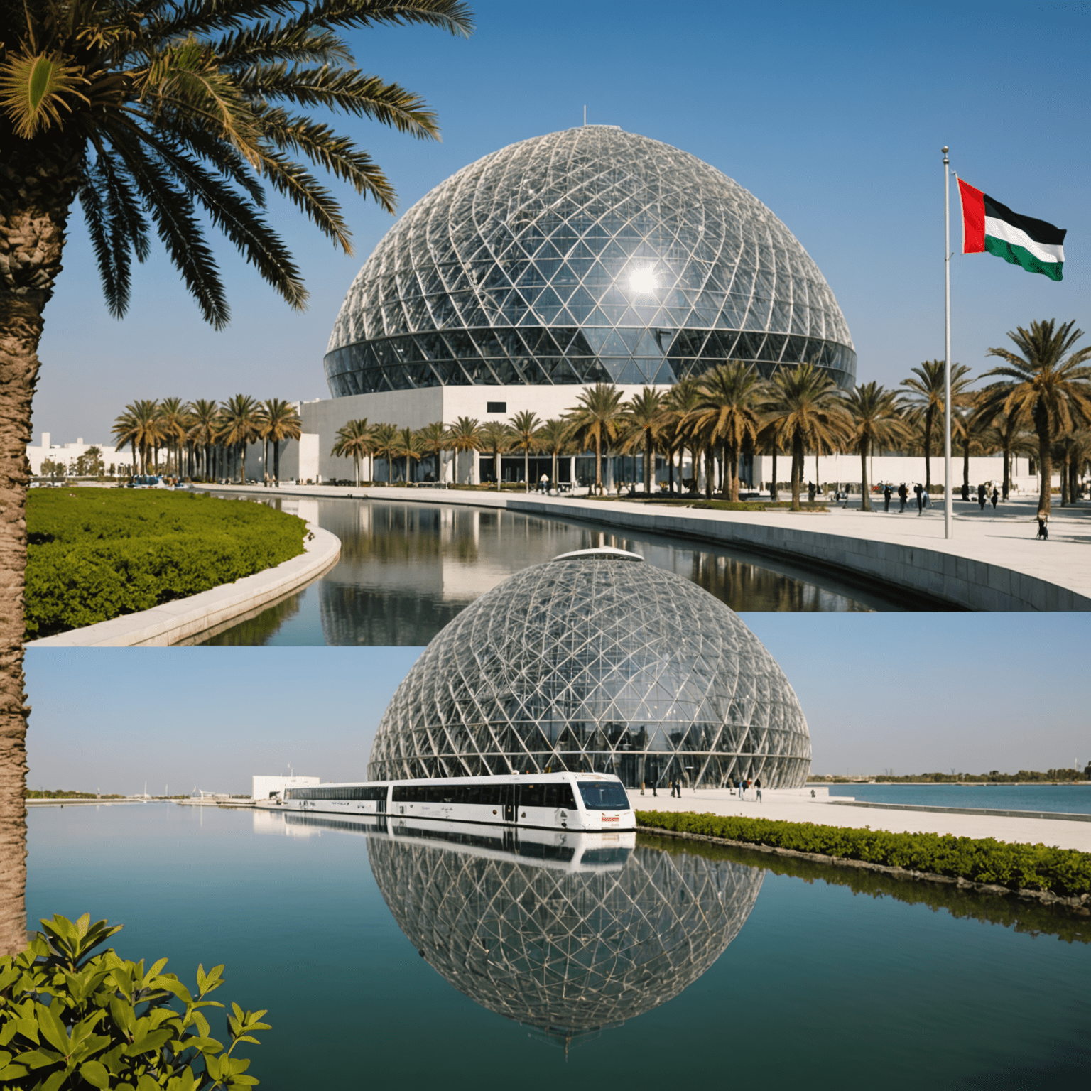 A collage showing the distinctive dome of Louvre Abu Dhabi and a serene mangrove waterway. A bus is seen in the foreground with the UAE flag.