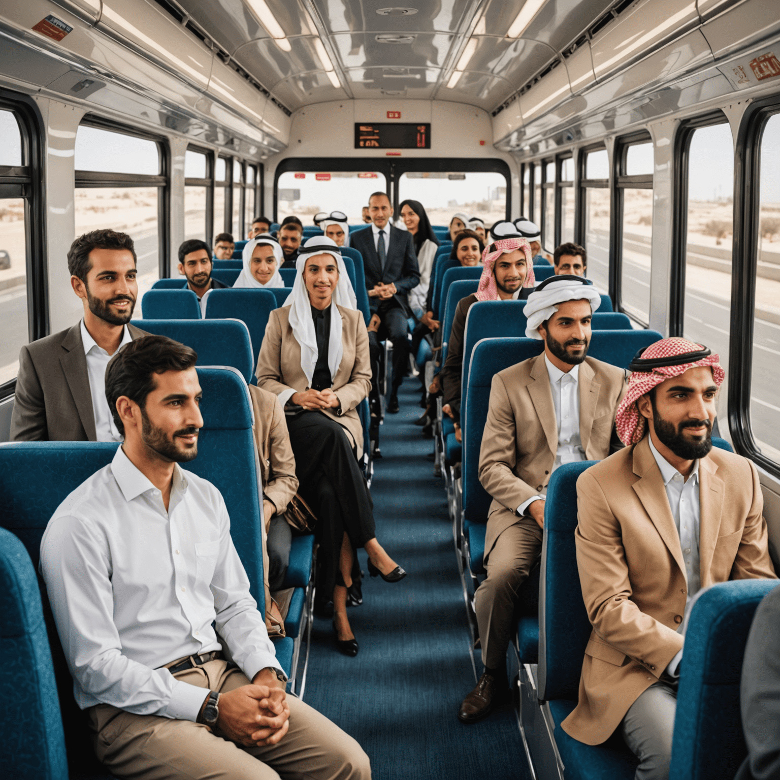 Illustration depicting proper bus etiquette in Abu Dhabi, showing diverse passengers respecting cultural norms and seating arrangements